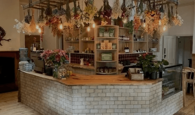 Cherry Bomb Cafe interior — the counter adorned with hanging bunches of dried flowers, Edison bulbs glowing overhead